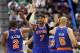 Oct 13, 2012; Hartford, CT, USA; New York Knicks forward Carmelo Anthony (7), guard Raymond Felton (2) and guard Jason Kidd (5) celebrate during the second half of a game against the Boston Celtics at XL Center. Mandatory Credit: Mark L. Baer-USA TODAY Sports