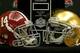 FORT LAUDERDALE, FL - JANUARY 06: The Coaches Trophy sits with the helmets for the Notre Dame Fighting Irish and the Alabama Crimson Tide during the Discover BCS National Championship Head Coaches Press Conference on January 6, 2013 in Fort Lauderdale, Florida. (Photo by Mike Ehrmann/Getty Images)
