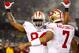 FOXBORO, MA - DECEMBER 16: Wide receiver Randy Moss #84 of the San Francisco 49ers celebrates after scoring a touchdown with quarterback Colin Kaepernick #7 in the first quarter against New England Patriots at Gillette Stadium on December 16, 2012 in Foxboro, Massachusetts. (Photo by Jared Wickerham/Getty Images)