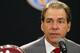 Jan 6, 2013; Fort Lauderdale FL, USA; Alabama Crimson Tide head coach Nick Saban answers questions during a press conference for the 2013 BCS National Championship game at Harbor Beach Marriott Resort & Spa. Mandatory Credit: Matthew Emmons-USA TODAY Sports