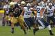 SOUTH BEND, IN - OCTOBER 20: Manti T'eo #5 of the Notre Dame Fighting Irish intercepts a pass intended for Kaneakua Friel #82 of the BYU Cougars at Notre Dame Stadium on October 20, 2012 in South Bend, Indiana. Notre Dame defeated BYU 17-14. (Photo by Jonathan Daniel/Getty Images)