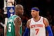 Jan. 7, 2013; New York, NY, USA; New York Knicks small forward Carmelo Anthony (7) and Boston Celtics power forward Kevin Garnett (5) have words on the court during the second half at Madison Square Garden. Boston won 102-96. Mandatory Credit: Debby Wong-USA TODAY Sports