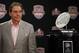 FORT LAUDERDALE, FL - JANUARY 08: Head coach Nick Saban of the Alabama Crimson Tide looks at the National Championship trophy during the Discover BCS National Championship Press Conference at the Harbor Beach Marriott on January 8, 2013 in Fort Lauderdale, Florida. (Photo by Streeter Lecka/Getty Images)