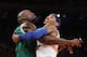 NEW YORK, NY - JANUARY 07: Carmelo Anthony #7 of the New York Knicks and Kevin Garnett #5 of the Boston Celtics get into an altercation at Madison Square Garden on January 7, 2013 in New York City. NOTE TO USER: User expressly acknowledges and agrees that, by downloading and/or using this photograph, user is consenting to the terms and conditions of the Getty Images License Agreement. The Celtics defeated the Knicks 102-96. (Photo by Bruce Bennett/Getty Images)