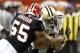 ATLANTA, GA - NOVEMBER 29: John Abraham #55 of the Atlanta Falcons sacks Drew Brees #9 of the New Orleans Saints at Georgia Dome on November 29, 2012 in Atlanta, Georgia. (Photo by Kevin C. Cox/Getty Images)