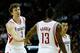 HOUSTON, TX - JANUARY 02: Omer Asik #3 and James Harden #13 of the Houston Rockets celebrate a play against the New Orleans Hornets at Toyota Center on January 2, 2013 in Houston, Texas. NOTE TO USER: User expressly acknowledges and agrees that, by downloading and or using this photograph, User is consenting to the terms and conditions of the Getty Images License Agreement. (Photo by Scott Halleran/Getty Images)
