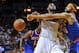Dec 6, 2012; Miami FL, USA; Miami Heat small forward LeBron James (6) is fouled by New York Knicks forward Rasheed Wallace (36) during the second half at American Airlines Arena. Knicks won 112-92. Mandatory Credit: Steve Mitchell-USA TODAY Sports