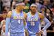 SALT LAKE CITY - APRIL 30: Kenyon Martin #4 of the Denver Nuggets speaks to teammate Carmelo Anthony #15 during their loss to the Utah Jazz in Game Six of the Western Conference Quarterfinals of the 2010 NBA Playoffs at EnergySolutions Arena on April 30, 2010 in Salt Lake City, Utah. NOTE TO USER: User expressly acknowledges and agrees that, by downloading and or using this photograph, User is consenting to the terms and conditions of the Getty Images License Agreement. (Photo by Ezra Shaw/Getty Images)