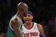 NEW YORK, NY - JANUARY 07: Carmelo Anthony #7 of the New York Knicks yells at Kevin Garnett #5 of the Boston Celtics after an altercation at Madison Square Garden on January 7, 2013 in New York City. NOTE TO USER: User expressly acknowledges and agrees that, by downloading and/or using this photograph, user is consenting to the terms and conditions of the Getty Images License Agreement. The Celtics defeated the Knicks 102-96. (Photo by Bruce Bennett/Getty Images)