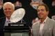FORT LAUDERDALE, FL - JANUARY 08: (L-R) Alabama athletic director, Mal Moore, poses with head coach Nick Saban of the Alabama Crimson Tide during the Discover BCS National Championship Press Conference at the Harbor Beach Marriott on January 8, 2013 in Fort Lauderdale, Florida. (Photo by Streeter Lecka/Getty Images)