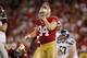 SAN FRANCISCO, CA - OCTOBER 18: Defensive tackle Justin Smith #94 of the San Francisco 49ers reacts after disrupting the Seattle Seahawks offense in the fourth quarter on October 18, 2012 at Candlestick Park in San Francisco, California. The 49ers won 13-6. (Photo by Brian Bahr/Getty Images)