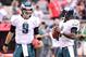 Sept. 23, 2012; Glendale, AZ, USA; Philadelphia Eagles quarterback Nick Foles (9) and quarterback Michael Vick (7) during the game against the Arizona Cardinals at University of Phoenix Stadium. The Cardinals defeated the Eagles 27 - 6. Mandatory Credit: Jennifer Stewart-USA TODAY Sports