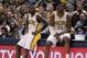 Jan 2 2013; Indianapolis, IN, USA; Indiana Pacers center Roy Hibbert (55) and guard Lance Stephenson (1) wait to check into the game against the Washington Wizards at Bankers Life Fieldhouse. Indiana defeats Washington 89-81. Mandatory Credit: Brian Spurlock-USA TODAY Sports