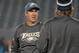 November 26, 2012; Philadelphia, PA USA; Philadelphia Eagles quarterback coach Doug Pederson (left) talks with quarterback Nick Foles (9) during warmups prior to the game against the Carolina Panthers at Lincoln Financial Field. Mandatory Credit: Eric Hartline-USA TODAY Sports