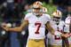 SEATTLE, WA. - DECEMBER 23: Quarterback Colin Kaepernick #7 of the San Francisco 49ers looks for a call from the sidelines during the second quarter of the game against the Seattle Seahawks at CenturyLink Field on December 23, 2012 in Seattle,Wa. (Photo by Steve Dykes/Getty Images)