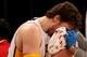 LOS ANGELES, CA - JANUARY 06: Pau Gasol #16 of the Los Angeles Lakers receives treatment after being cut on the nose in the game against the Denver Nuggets at Staples Center on January 6, 2013 in Los Angeles, California. The Nuggets won 112-105. NOTE TO USER: User expressly acknowledges and agrees that, by downloading and or using this photograph, User is consenting to the terms and conditions of the Getty Images License Agreement. (Photo by Stephen Dunn/Getty Images)