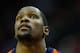 HOUSTON, TX - DECEMBER 29: Kevin Durant #35 of the Oklahoma City Thunder is seen on the court during warmups prior to the start of the game against the Houston Rockets at the Toyota Center on December 29, 2012 in Houston, Texas. NOTE TO USER: User expressly acknowledges and agrees that, by downloading and or using this photograph, User is consenting to the terms and conditions of the Getty Images License Agreement. (Photo by Scott Halleran/Getty Images)