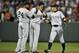 September 7, 2012; Baltimore, MD, USA; New York Yankees teammates Robinson Cano (24) and Derek Jeter (2) and Ichiro Suzzuki (31) celebrate after a game against the Baltimore Orioles at Oriole Park at Camden Yards. The Yankees defeated the Orioles 8 - 5. Mandatory Credit: Joy R. Absalon-USA TODAY Sports