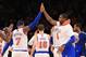 Jan. 7, 2013; New York, NY, USA; New York Knicks power forward Amar'e Stoudemire (1) high fives small forward Carmelo Anthony (7) against the Boston Celtics during the first half at Madison Square Garden. Mandatory Credit: Debby Wong-USA TODAY Sports