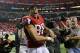 ATLANTA, GA - JANUARY 13: Tony Gonzalez #88 of the Atlanta Falcons celebrates their 30 to 28 win over the Seattle Seahawks during the NFC Divisional Playoff Game at Georgia Dome on January 13, 2013 in Atlanta, Georgia. (Photo by Streeter Lecka/Getty Images)