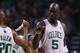 BOSTON - APRIL 23: Kevin Garnett #5 of the Boston Celtics and Ray Allen #20 celebrate a foul called against the Atlanta Hawks during Game Two of the Eastern Conference Quarterfinals on April 23, 2008 at the TD Banknorth Garden in Boston, Massachusetts. NOTE TO USER: User expressly acknowledges and agrees that, by downloading and or using this Photograph, user is consenting to the terms and conditions of the Getty Images License Agreement. (Photo by Elsa/Getty Images)