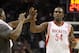 November 23, 2012; Houston, TX, USA; Houston Rockets power forward Patrick Patterson (54) is congratulated as he comes off the floor during the third quarter against the New York Knicks at Toyota Center. Mandatory Credit: Troy Taormina-USA TODAY Sports
