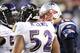 FOXBORO, MA - JANUARY 22: Tom Brady #12 of the New England Patriots argues with Ray Lewis #52 of the Baltimore Ravens in the third quarter during their AFC Championship Game at Gillette Stadium on January 22, 2012 in Foxboro, Massachusetts. (Photo by Jim Rogash/Getty Images)