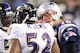 FOXBORO, MA - JANUARY 22: Tom Brady #12 of the New England Patriots argues with Ray Lewis #52 of the Baltimore Ravens in the third quarter during their AFC Championship Game at Gillette Stadium on January 22, 2012 in Foxboro, Massachusetts. (Photo by Jim Rogash/Getty Images)