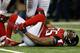 ATLANTA, GA - DECEMBER 30: John Abraham #55 of the Atlanta Falcons reacts after injuring his leg against the Tampa Bay Buccaneers at Georgia Dome on December 30, 2012 in Atlanta, Georgia. (Photo by Kevin C. Cox/Getty Images)