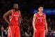 Dec. 17, 2012; New York, NY, USA; Houston Rockets shooting guard James Harden (13) and point guard Jeremy Lin (7) on the court against the New York Knicks during the second quarter at Madison Square Garden. Mandatory Credit: Debby Wong-USA TODAY Sports