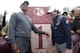 ZHENGZHOU, CHINA - OCTOBER 29: Tiger Woods of USA (L) and Rory McIlroy of Northern Ireland smile as they take photos before kick off during the Duel of Tiger Woods and Rory McIlroy at Jinsha Lake Golf Club on October 29, 2012 in Zhengzhou, China. (Photo by Hong Wu/Getty Images)