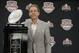 Jan 8, 2013; Fort Lauderdale FL, USA; Alabama Crimson Tide head coach Nick Saban poses with the national championship coaches trophy after addressing the media during the winning coach press conference at Harbor Beach Marriott Resort & Spa following Alabama's 42-14 win over Notre Dame last night in the 2013 BCS National Championship game. Mandatory Credit: John David Mercer-USA TODAY Sports