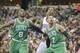 Dec 30, 2012; Sacramento, CA, USA; Boston Celtics power forward Jeff Green (8) and Sacramento Kings power forward Jason Thompson (34) and Boston Celtics power forward Jared Sullinger (7) look for the rebound during the fourth quarter at Sleep Train Arena. The Sacramento Kings defeated the Boston Celtics 118-96. Mandatory Credit: Ed Szczepanski-USA TODAY Sports