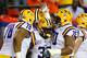 ATLANTA, GA - DECEMBER 31: Jeremy Hill #33 of the LSU Tigers reacts after scoring a touchdown against the Clemson Tigers with Vadal Alexander #78 and La'el Collins #70 during the 2012 Chick-fil-A Bowl at Georgia Dome on December 31, 2012 in Atlanta, Georgia. (Photo by Kevin C. Cox/Getty Images)