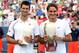 MASON, OH - AUGUST 19: Novak Djokovic of Serbia and Roger Federer of Switzerland pose for photographers after the trophy ceremony during the final of the Western & Southern Open at the Lindner Family Tennis Center on August 19, 2012 in Mason, Ohio. (Photo by Matthew Stockman/Getty Images)