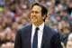 Jan 14, 2013; Salt Lake City, UT, USA; Miami Heat head coach Erik Spoelstra reacts to a call during the second half against the Utah Jazz at EnergySolutions Arena. The Jazz won 104-97. Mandatory Credit: Russ Isabella-USA TODAY Sports
