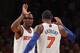 NEW YORK, NY - JANUARY 03: Amar'e Stoudemire #1 and Carmelo Anthony #7 of the New York Knicks celebrate a basket late in the game against the San Antonio Spurs at Madison Square Garden on January 3, 2013 in New York City. NOTE TO USER: User expressly acknowledges and agrees that, by downloading and/or using this photograph, user is consenting to the terms and conditions of the Getty Images License Agreement. The Knicks fdefeated the Spurs 100-83. (Photo by Bruce Bennett/Getty Images)