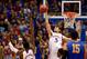 LAWRENCE, KS - NOVEMBER 26: Jeff Withey #5 of the Kansas Jayhawks blocks a shot by James Kinney #33 of the San Jose State Spartans during the game at Allen Fieldhouse on November 26, 2012 in Lawrence, Kansas. (Photo by Jamie Squire/Getty Images)