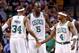 Dec 19, 2012; Boston, MA, USA; Boston Celtics small forward Paul Pierce (34), power forward Kevin Garnett (5), and shooting guard Jason Terry (4) celebrate against the Cleveland Cavaliers during the first half at TD Garden. Mandatory Credit: Mark L. Baer-USA TODAY Sports