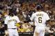PITTSBURGH, PA - OCTOBER 02: Starling Marte #6 of the Pittsburgh Pirates celebrates after scoring on an RBI double in the fifth inning against the Atlanta Braves during the game on October 2, 2012 at PNC Park in Pittsburgh, Pennsylvania. (Photo by Justin K. Aller/Getty Images)