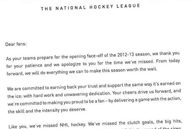 NHL Writes Apology Letter in Newspapers