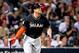 May 16, 2012; Atlanta, GA, USA; Miami Marlins right fielder Giancarlo Stanton (27) hits a two-run home run in the seventh inning against the Atlanta Braves at Turner Field. Mandatory Credit: Daniel Shirey-USA TODAY Sports