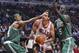 Nov 12, 2012; Chicago, IL, USA; Chicago Bulls center Joakim Noah (13) attempts to shoot the ball against Boston Celtics small forward Paul Pierce (34) and power forward Kevin Garnett (5) during the first half at the United Center. Mandatory Credit: Mike DiNovo-USA TODAY Sports