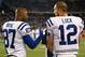 FOXBORO, MA - NOVEMBER 18: Andrew Luck #12 and Reggie Wayne #87 of the Indianapolis Colts talk on the sideline against the New England Patriots during the game on November 18, 2012 at Gillette Stadium in Foxboro, Massachusetts. (Photo by Jared Wickerham/Getty Images)
