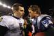 FOXBORO, MA - JANUARY 22: Tom Brady #12 of the New England Patriots talks with Joe Flacco #5 of the Baltimore Ravens after defeating the Baltimore Ravens in the AFC Championship Game at Gillette Stadium on January 22, 2012 in Foxboro, Massachusetts. The New England Patriots defeated the Baltimore Ravens 20-23. (Photo by Al Bello/Getty Images)
