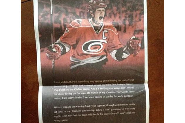 Eric Staal Takes Full-Page Ad in North Carolina Newspaper to Apologize to Fans