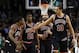 Jan 18, 2013; Boston, MA, USA; Chicago Bulls point guard Marquis Teague (left), small forward Jimmy Butler (21), power forward Carlos Boozer (5) and center Joakim Noah (13) celebrate against the Boston Celtics during the second half at TD Garden. Mandatory Credit: Mark L. Baer-USA TODAY Sports