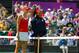 Aug 4, 2012; London, United Kingdom; USA player Serena Williams (right) with Maria Sharapova (RUS) prior to the gold medal match during the London 2012 Olympic Games at Wimbledon. Williams defeated Sharapova in straight sets to win the gold medal. Mandatory Credit: Mark J. Rebilas-USA TODAY Sports