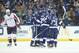January 19, 2013; Tampa FL, USA; Tampa Bay Lightning defenseman Eric Brewer (2) is congratulated by teammates after he scored a goal against the Washington Capitals during the first period at Tampa Times Forum. Mandatory Credit: Kim Klement-USA TODAY Sports