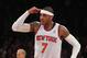 NEW YORK, NY - DECEMBER 09: Carmelo Anthony #7 of the New York Knicks reacts after scoring a three pointer in the second quarter against the Denver Nuggets at Madison Square Garden on December 9, 2012 in New York City. NOTE TO USER: User expressly acknowledges and agrees that, by downloading and/or using this photograph, user is consenting to the terms and conditions of the Getty Images License Agreement. The Knicks defeated the Nuggets 112-106. (Photo by Bruce Bennett/Getty Images)